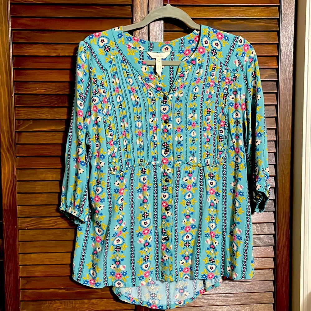 Matilda jane elbow sleeve blouse large L high low tucks aqua blue-green cottage